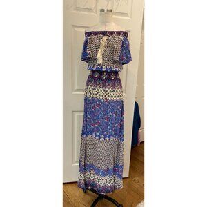 Selfie Leslie Boho Blue Maxi dress Off the Shoulder Medium